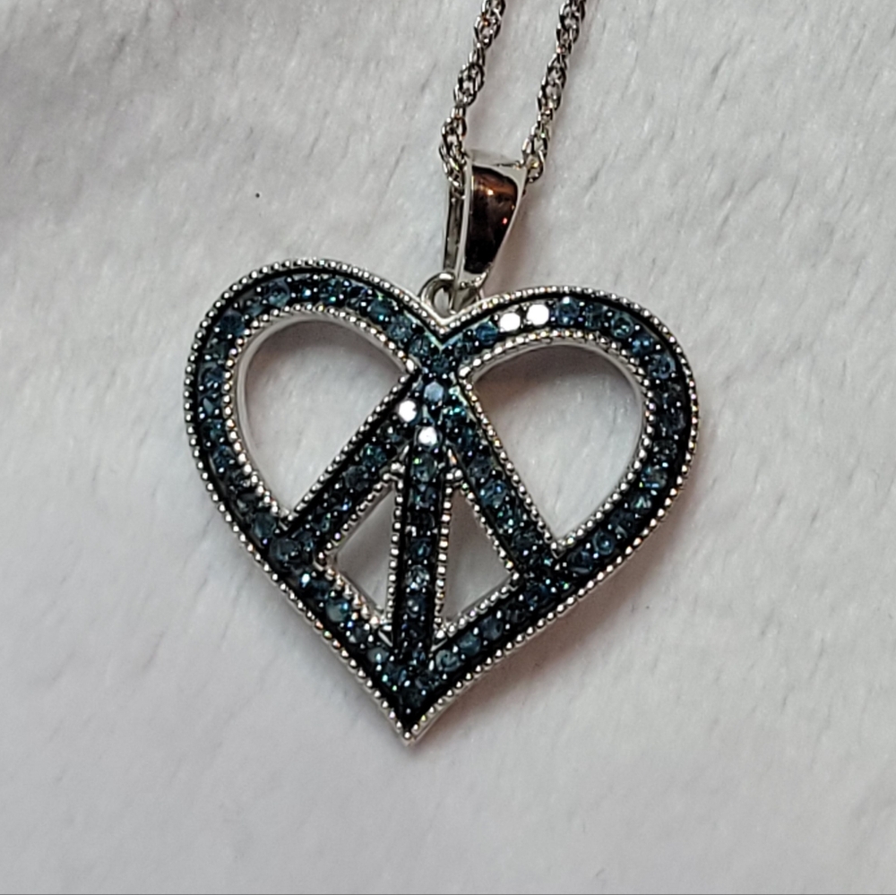 blue diamond and sterling silver heart shaped peace sign pendant necklace